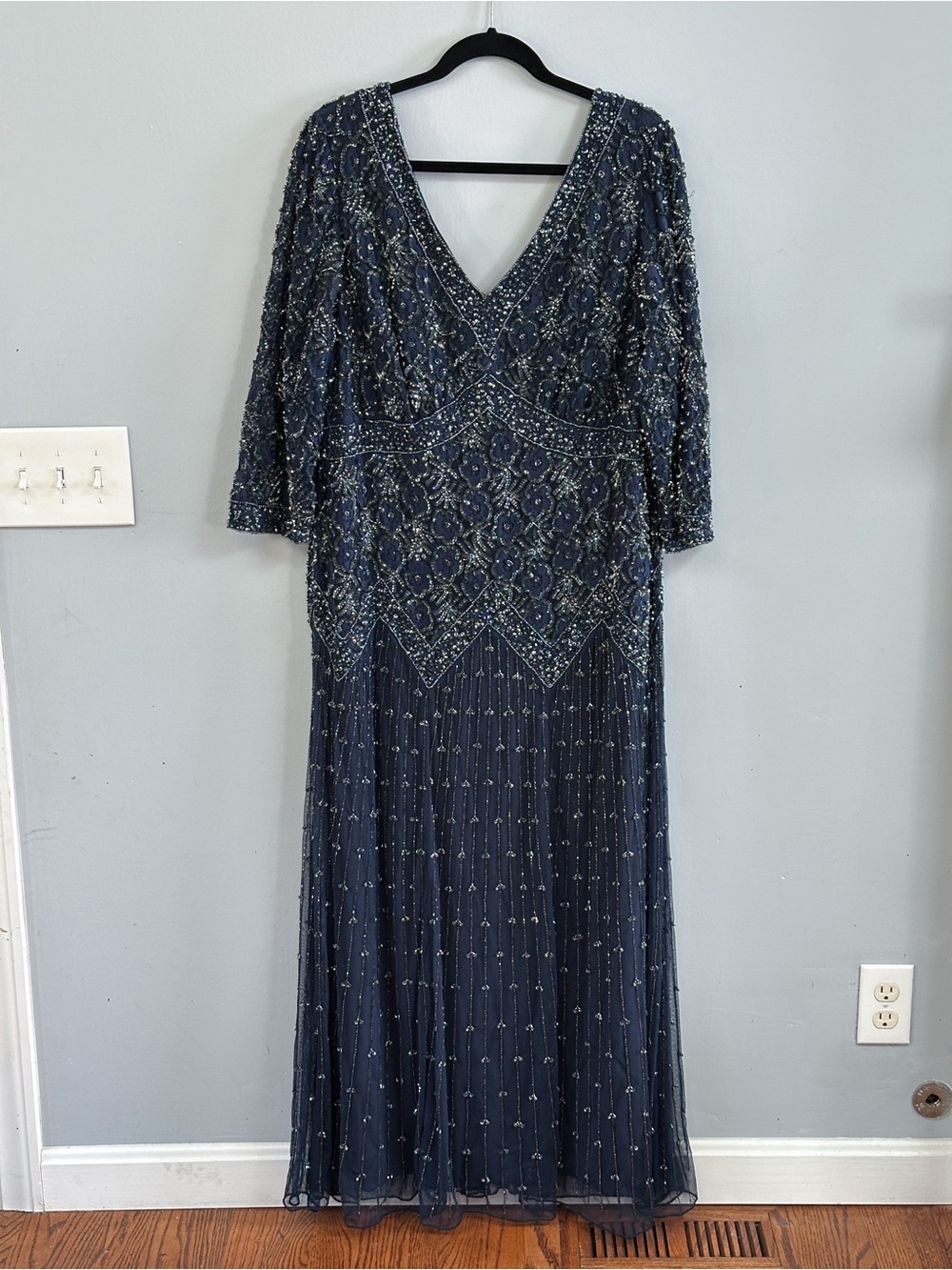 Pisarro Nights 18W Double V-Neck Beaded Mesh Gown
